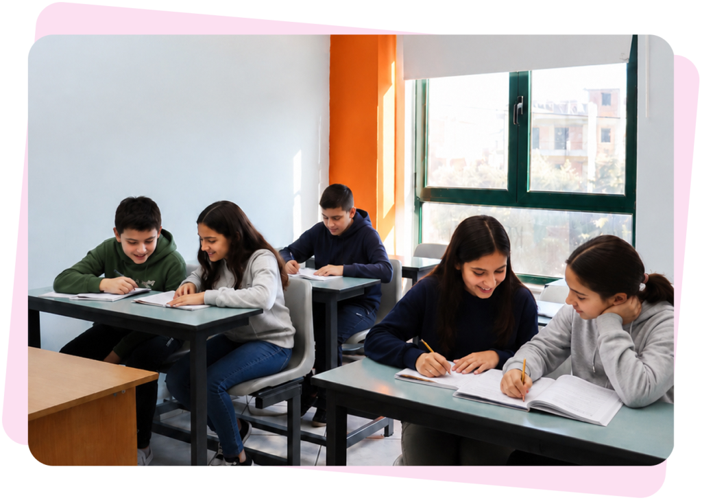 Μαθητές γυμνασίου διαβάζουν και γράφουν στα τετράδιά τους μέσα σε φωτεινή αίθουσα διδασκαλίας.
