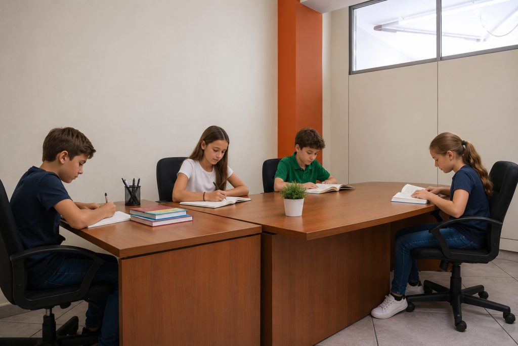 Τέσσερα παιδιά μελετούν και γράφουν σε τετράδια γύρω από ξύλινο τραπέζι σε φωτεινή αίθουσα με μοντέρνο και καθαρό χώρο.